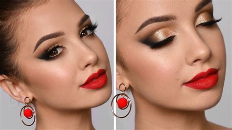 Holiday Glam Makeup Tutorial Red Lipstick And Gold Smokey Eye Youtube Gold Smokey Eye