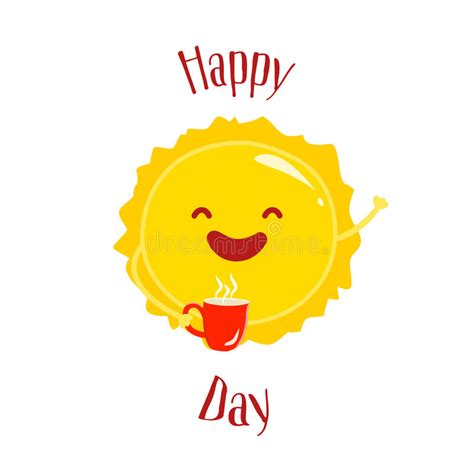 Happy Day Card With Cartoon Sun And Red Cup Flat Style Stock Vector