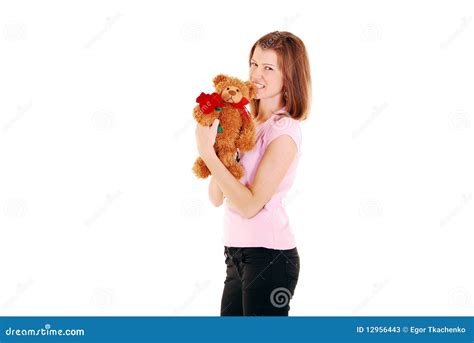 Beauty Woman Holding Teddy Bear Stock Image Image Of Beautiful