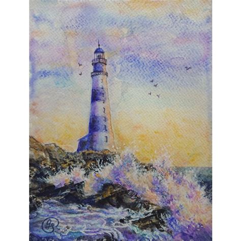 Lighthouse Painting Watercolor Original Art Seascape Etsy