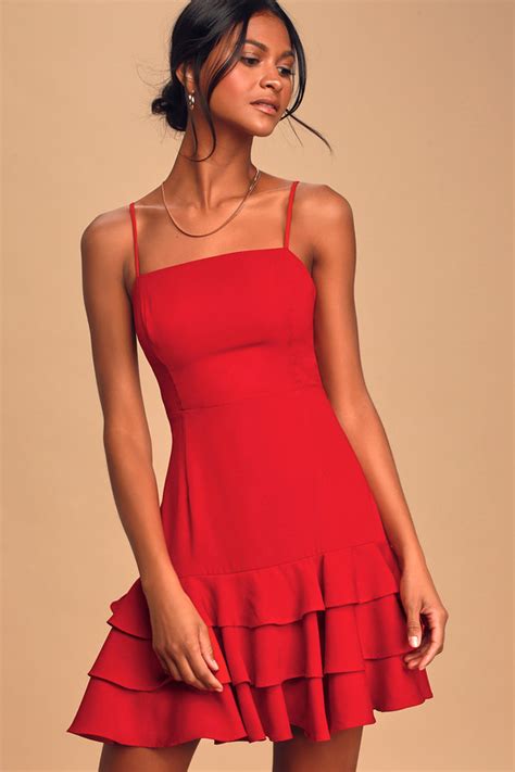 Flirty Red Dress Ruffled Mini Dress Trendy Tiered Dress Lulus