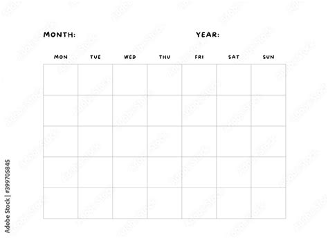 Monday Start Monthly Calendar Template Printable Undated Calendar