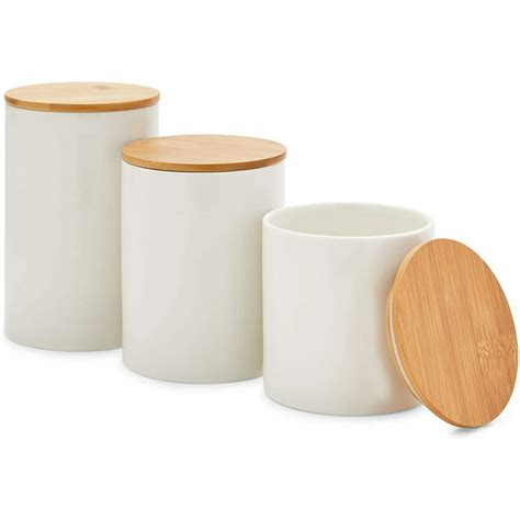 White Textured Ceramic Canisters With Bamboo Lids Set Of 2 Cost Plus