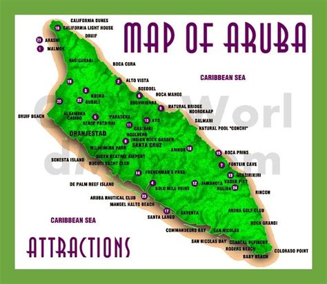Aruba Map With Attractions Aruba Map Aruba Tourist Map
