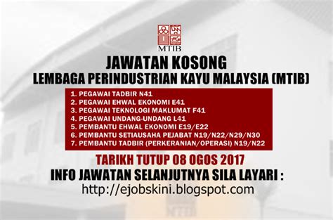 Iklan jawatan kosong terkini tnb research 2021. Jawatan Kosong Lembaga Perindustrian Kayu Malaysia (MTIB ...