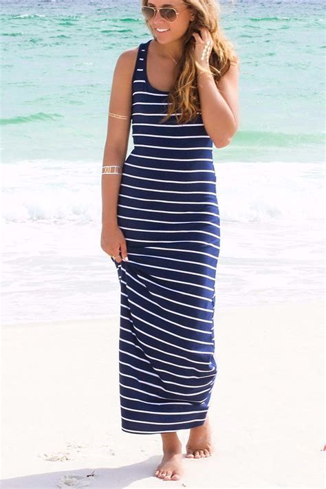 Casual Stripe Summer Long Beach Dress Maxi Dress Striped Sleeveless