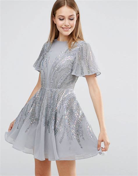 Silver Sparkle Mini Skater Dress Grey And Embellished Womens Dresses