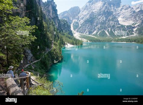 Hiking Trail At Lake Braies In The Dolomites With The Seekofel Mountain