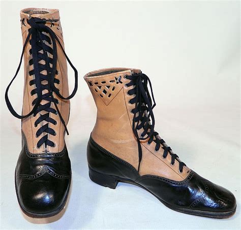 1910 Edwardian Black And Tan Two Tone Leather Lacing Cutouts High Top Boots Shoes The Boots