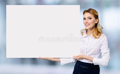 Businesswoman Showing Blank Banner Signboard Copy Space Confident