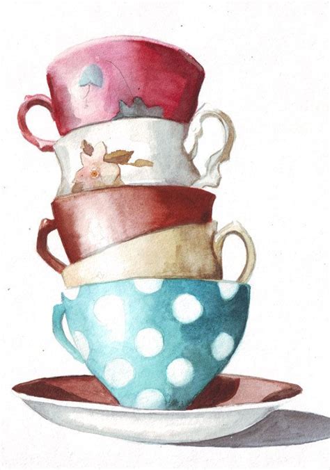 Original Watercolor Art Tower Of Tea Cups Polka Dots By Helgamcl 22