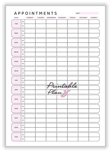 Printable Appointment Book Template Weekly Appointments Appointment Inserts Half Hour