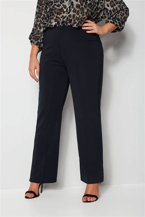 Navy Pull On Bootcut Trousers Plus Size 16 To 36