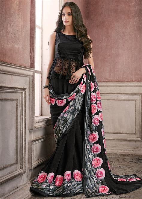 Showing 1 to 9 of 78 (9 pages) Black Georgette Floral Print saree | Saree designs, Floral ...