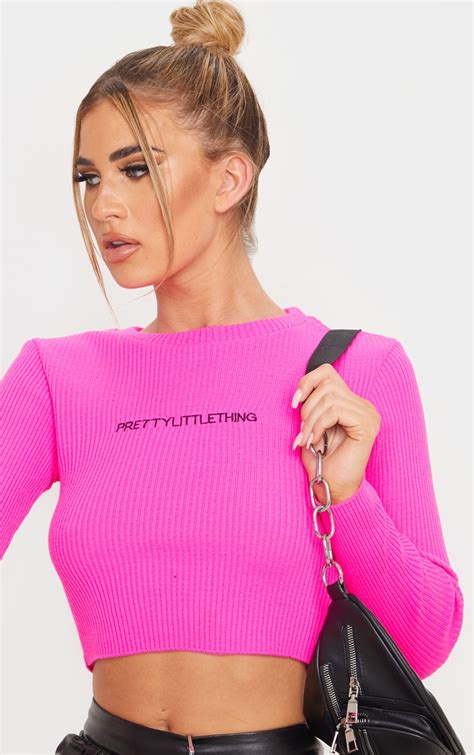 Prettylittlething Hot Pink Ribbed Crop Jumper Prettylittlething