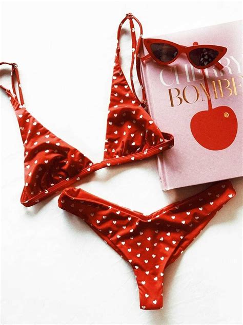 Triangle Bikini Set For Women With Heart Print Red W T I Design Bikinis For Teens