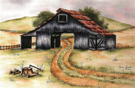 Ink Oil Painting Old Barn Countryside Landscape Farm Etsy