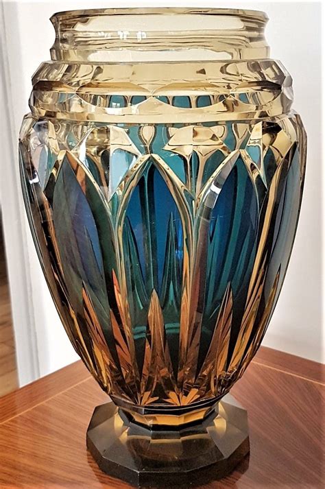 Val Saint Lambert Vase El318 Cristal Topaze Doublé Bleu Pétrole