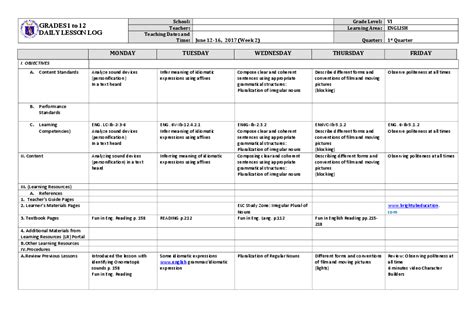 Doc Grades 1 To 12 Daily Lesson Log Monday Tuesday Wednesday Thursday