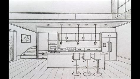 A Drawing Of A Kitchen With Stools In The Center And Cabinets On The