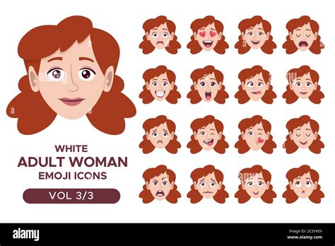 Female Facial Emotion Avatar Set White Adult Woman Emoji Character