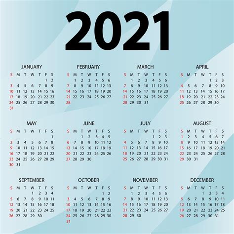 Kalender 2021 Jaar Vectorillustratie De Week Begint Zondag