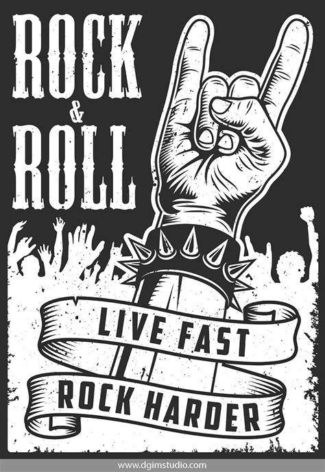 Vintage Monochrome Rock And Roll Poster With Rockandroll Hand Sign And