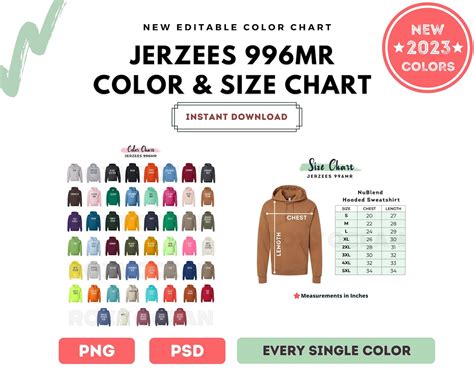 Jerzees 996mr Color Chart Digital File Color And Size Chart Etsy