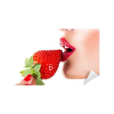 sexy woman eating strawberry, sensual red lips Wall Mural • Pixers ...