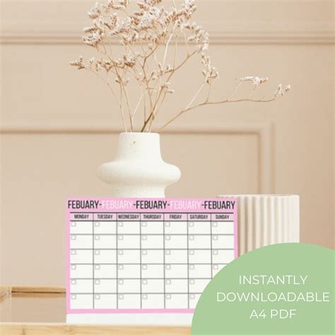A4 Printable Pink Undatedblank Monthly Calendar Pdf Wall Etsy Uk