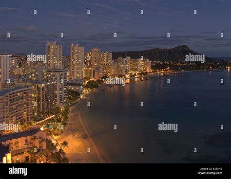 Waikiki Beach Overview At Night Honolulu Beach Seashore Sea Blocks