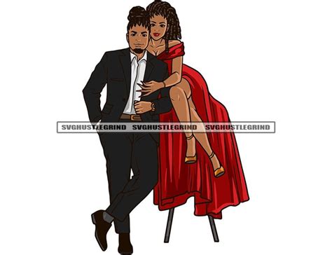 Black Couple Man Woman Dread Locs Long Red Dress Sitting Goatee Suit