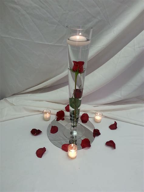 Submerged Red Rose Centerpiece With Floating Candle And Petals Red