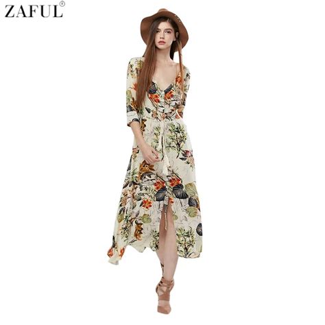 Buy Zaful Women Summer Bohemian Floral Maxi Dress V
