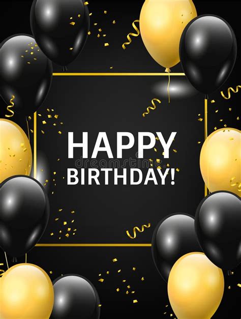 Happy Birthday Card Design With Black And Yellow Balloons And Golden