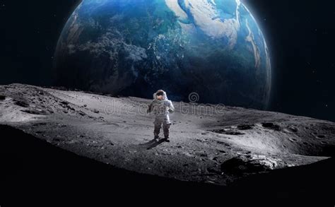 Astronaut On Surface Of The Moon Earth On Background Stock Image
