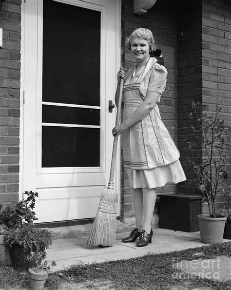 Woman Smiling With Broom C1940s Photograph By H Armstrong Roberts