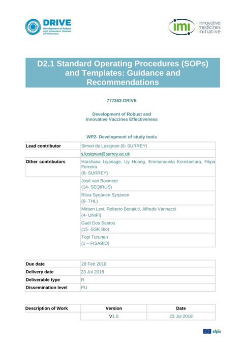 Pdf D21 Standard Operating Procedures Sops And Templates · D2