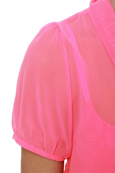 Cute Pink Top Sheer Top Ascot Top Tie Neck Top Short Sleeve Top