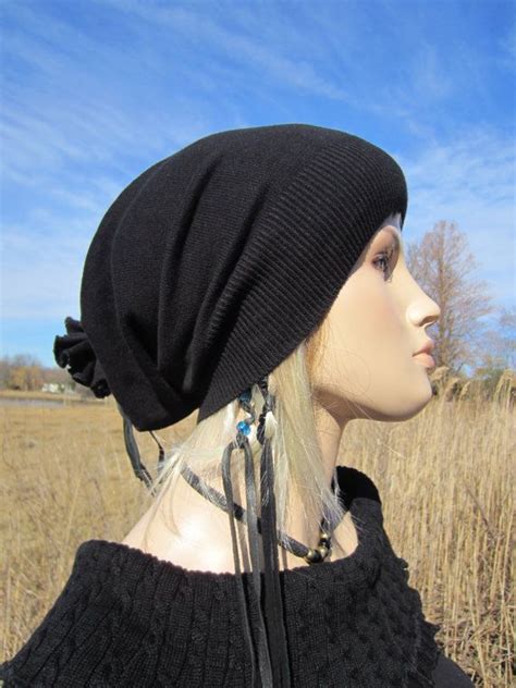 Womens Black Slouchy Beanie Hat Cotton Slouch Beret Leather Etsy Beanie Hats Slouchy Beanie