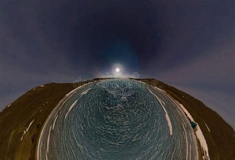 Moon Halo In The Night Sky Over Lake Baikal Ice Stereographic P Stock
