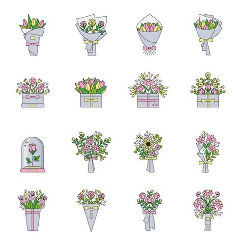 Premium Vector Set Of Flower Bouquet Flat Color Line Icons