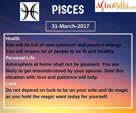 Download horoscope app with 2020 horoscope for your zodiac sign. Check Your Today's Pisces Zodiac sign (31-March-2017 ...