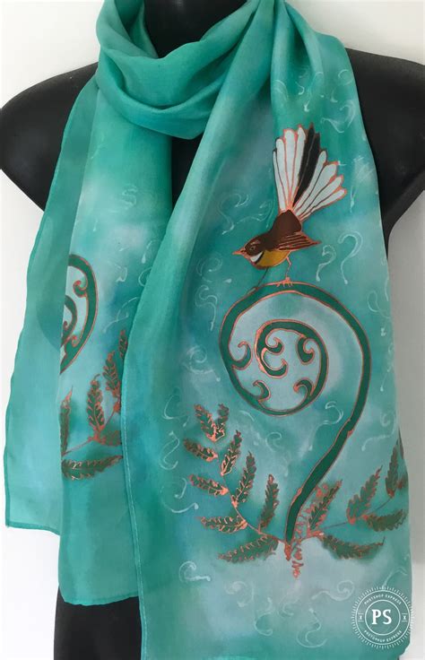 Fantail On Koru Hand Painted Silk Scarf Kay Designs New Zealand