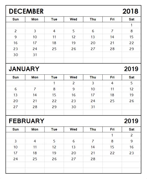 December 2018 January 2019 And February 2019 Calendar 2018 December