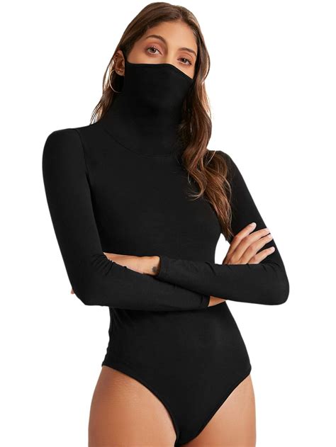 buy floerns women s solid turtleneck long sleeve fitted bodysuit jumpsuit black m at