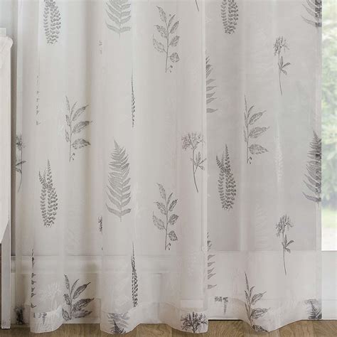 Grey Voile Curtain Fern Leaf Botanical Slot Top Panels Rod Pocket Sheer