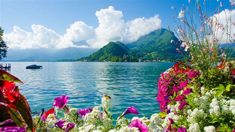 Download Wallpaper Nature Sky Clouds Mountains Sea Boat Flowers