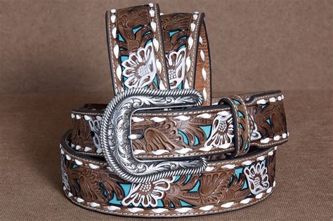 C 08 L Large Nocona Leather Belt Western Overlay Flowers Painted Womens
