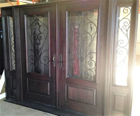 Fiberglass Door System Double Doors With 2 Sidelights Dark Mahogany